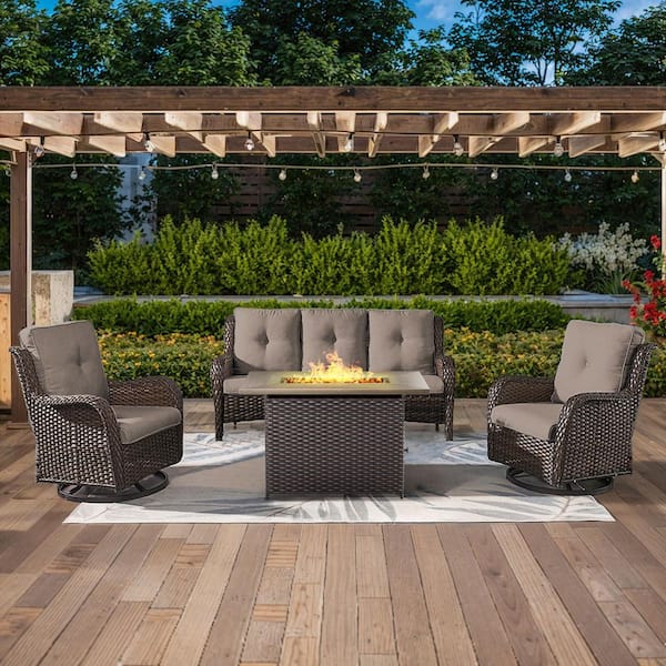 4-Piece Brown Wicker Outdoor Patio Rectangular Fire Pit Conversation Set with Gray Cushions and Swivel Rocker Chairs