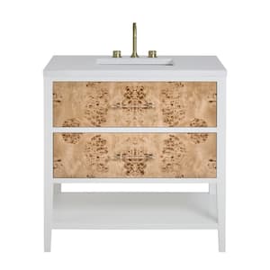 Olena 36.0 in. W x 23.5 in. D x 36 in. H Single Bath Vanity PolishedWhite and Light Mappa Burl and White Zeus Quartz Top