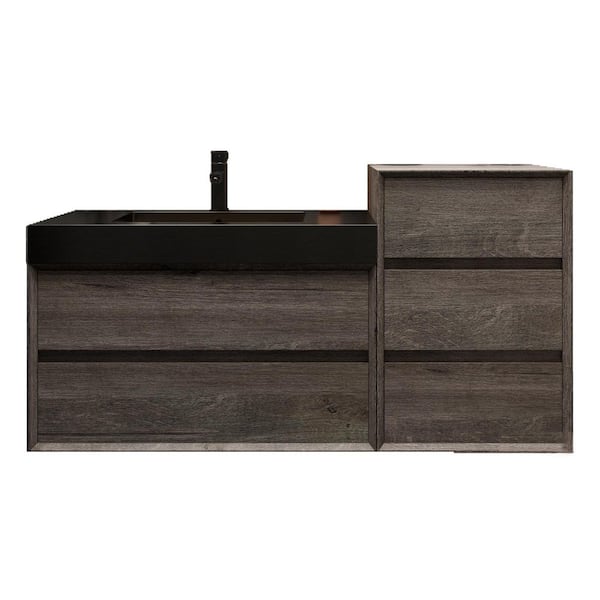 MIA 55 in. W. x 20 in. D x 30 in. H Single Sink and Side Cabinet Bath Vanity in Gray Oak with Black Stainless-Steel Top