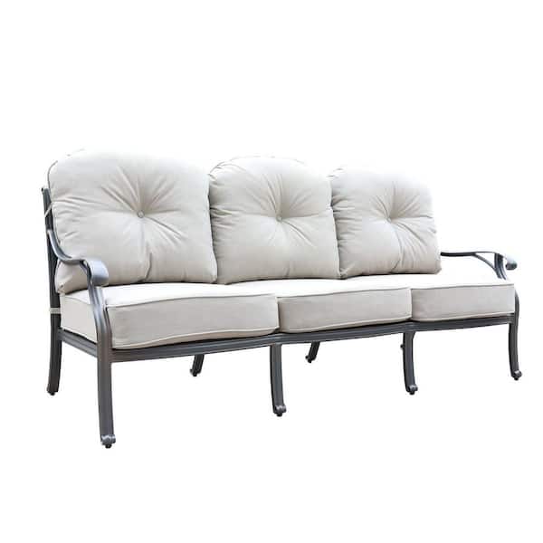 Mondawe Dark Black Frame 3-seat Aluminum Outdoor Chaise Lounge Sofa with CushionGuard White Cushions