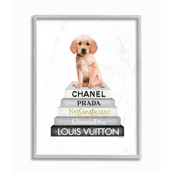 Stupell Industries "Resting Puppy on Glam Fashion Icon Bookstack" by Amanda Greenwood Framed Animal Wall Art Print 11 in. x 14 in.