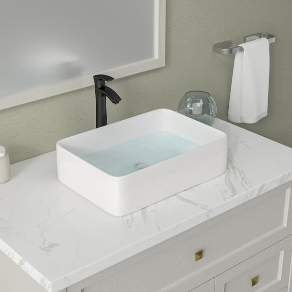 Sarlai 19 in. White Ceramic Rectangular Bathroom Vessel Sink Basin with Oil Rubbed Bronze Faucet