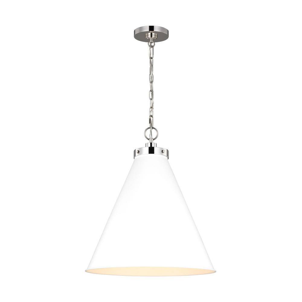 Matte White and Polished Nickel Indoor/Outdoor Cone Pendant Light