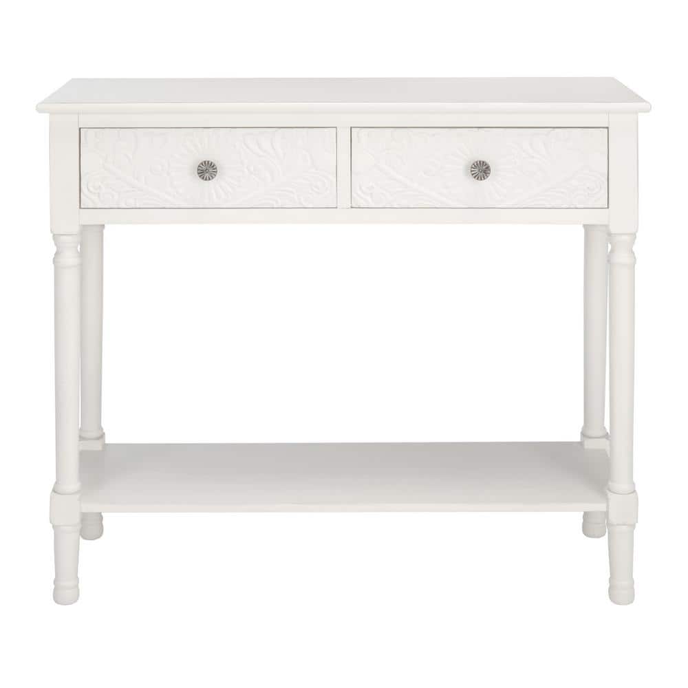 Distressed White Carved Wood Hallway Table with Storage