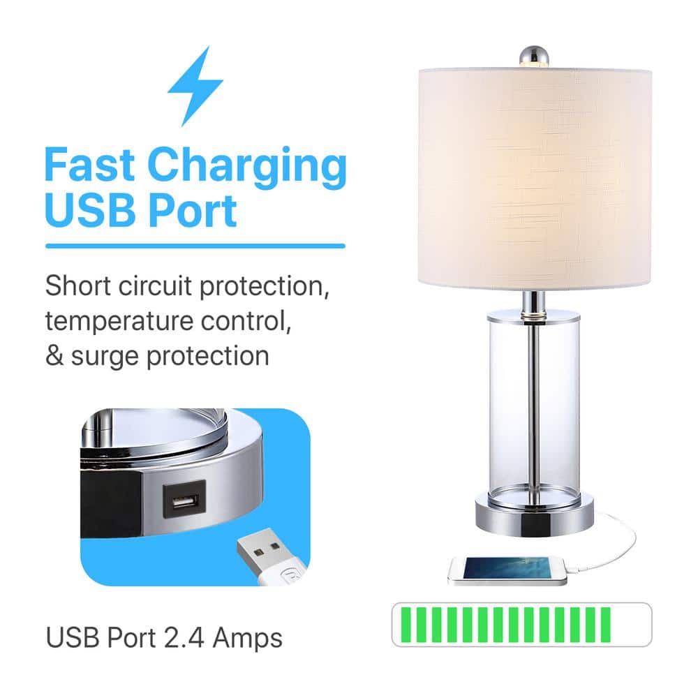 Abner 21" Chrome and Clear Glass USB Table Lamp Set