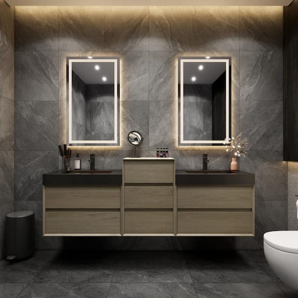 BV Better Vanity MIA 79 in. W x 20 in. D x 30 in. H Double Sink Middle Cabinet Bath Vanity in Coffee Wood with Black Stainless Steel Top