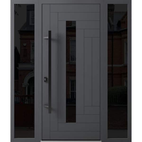 VDOMDOORS 0130 60 in. x 80 in. Right-hand/Inswing 2 Sidelights Tinted Glass Grey Steel Prehung Front Door with Hardware