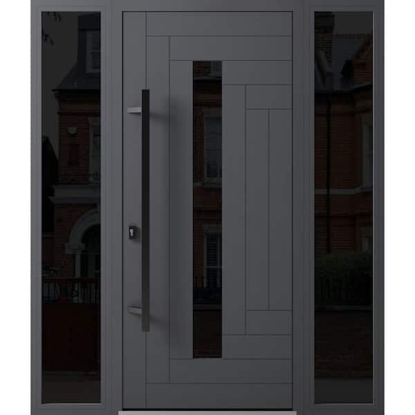 VDOMDOORS 0130 64 in. x 80 in. Right-hand/Inswing 2 Sidelights Tinted Glass Grey Steel Prehung Front Door with Hardware