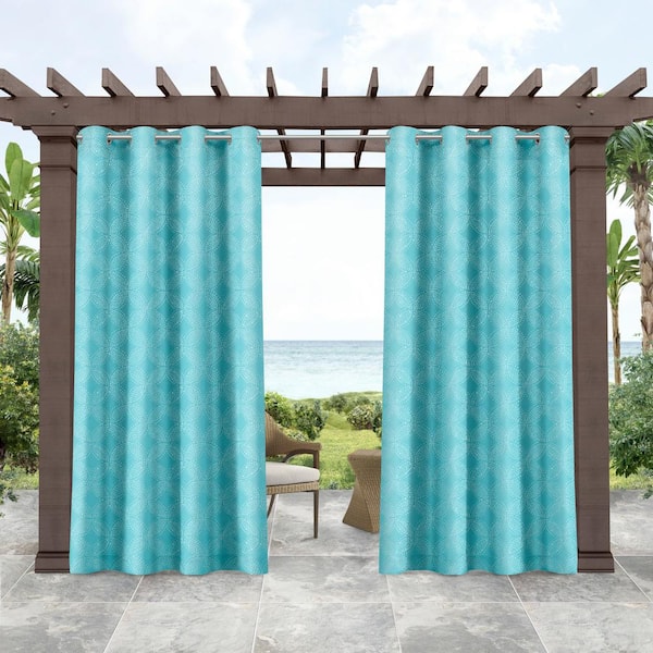 Tommy Bahama Island Tile Blue Radiance Geometric Light Filtering Grommet Top Indoor/Outdoor Curtain, 54 in. W x 96 in. L (Set of 2)
