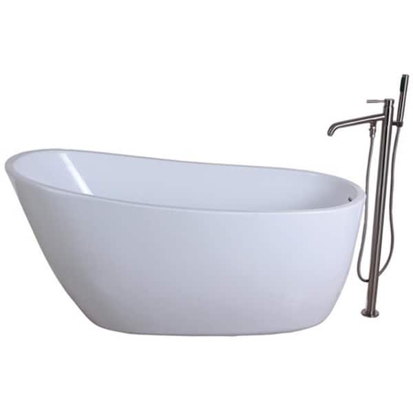 Aqua Eden Fusion 59 in. Acrylic Flatbottom Bathtub in White and Freestanding Faucet in Brushed Nickel