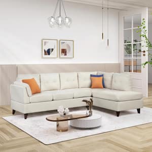 98 in. Beige Square Arm Linen Modern L-Shaped Sofa (4-Seats)