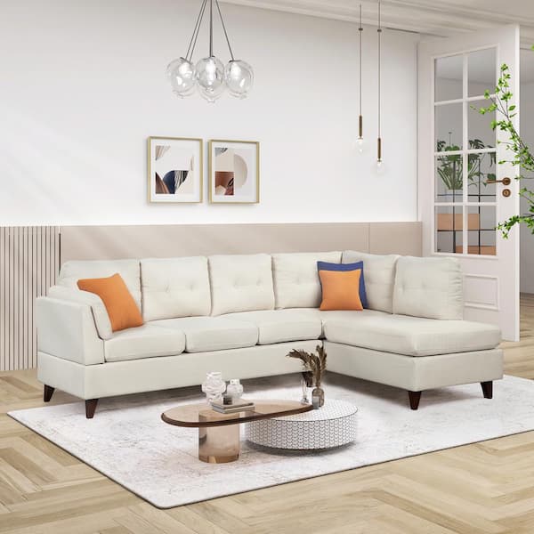 Nestfair 98 in. Beige Square Arm Linen Modern L-Shaped Sofa (4-Seats)
