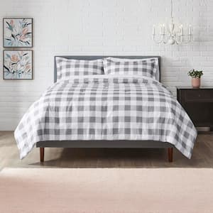 Tatefield 3-Piece Stone Gray Reversible Gingham Full/Queen Comforter Set