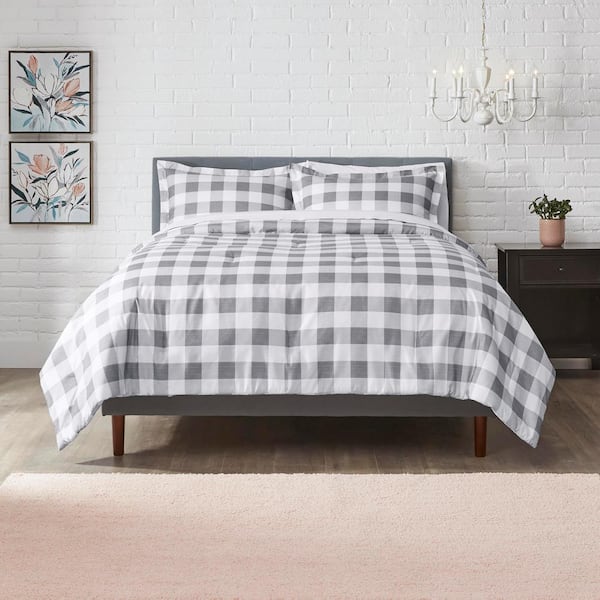 StyleWell Tatefield 3-Piece Stone Gray Reversible Gingham Full/Queen Comforter Set