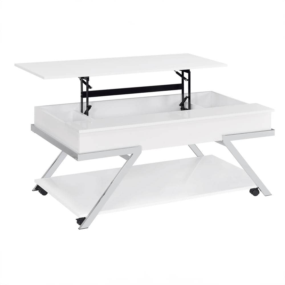 White Metal and Wood Lift-Top Coffee Table with Storage