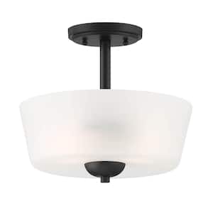 Malone 12 in. 2-Light Matte Black Semi-Flush Mount with Frosted Glass Shade