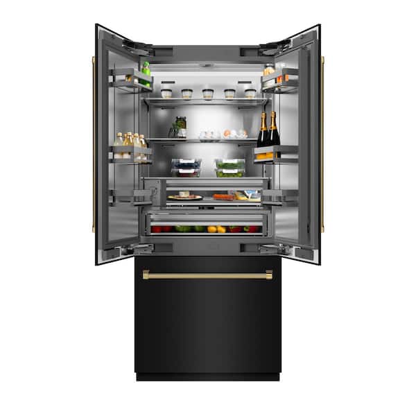 Autograph 36 in. French Door Built-In 19.6 cu ft Refrigerator in Black with Stainless Interior and Gold Helix Handles