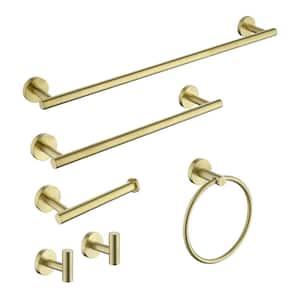 Modern 6 Piece Wall-Mounted Stainless Steel Bathroom Wall Mount Towel Rack Set in Brushed Gold