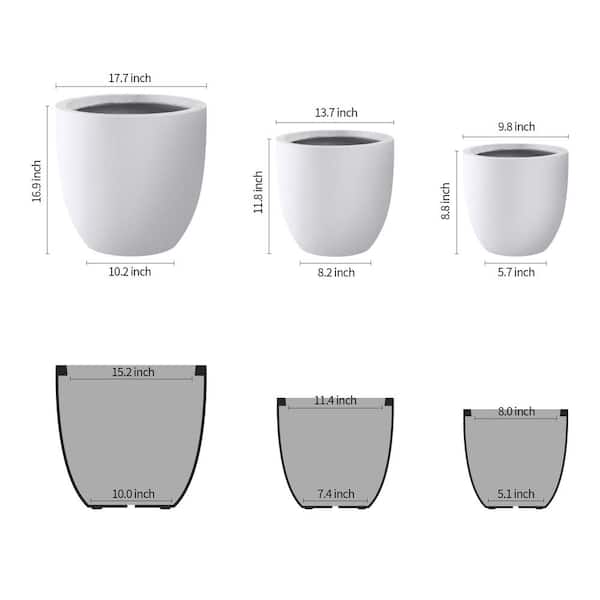 18 in., 14 in. and 10 in.W Pure White Concrete Round Planters (Set of 3), Outdoor Indoor Modern Seamless Planter Pots