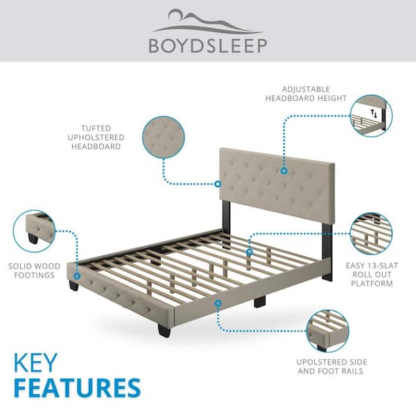 Chloe Beige Linen King Size Fully Upholstered Platform Bed Frame with Adjustable Headboard