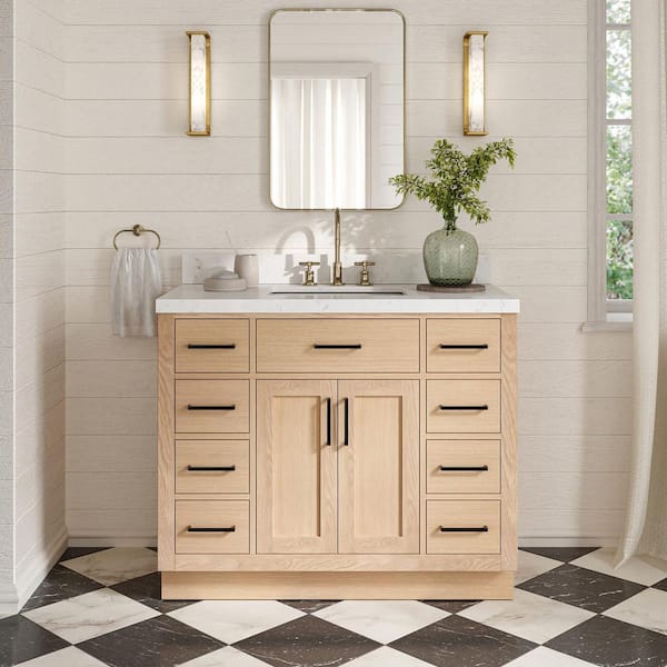 Hepburn 42 in. Single Sink Freestanding Bathroom Vanity in Oak with Carrara White Quartz Top