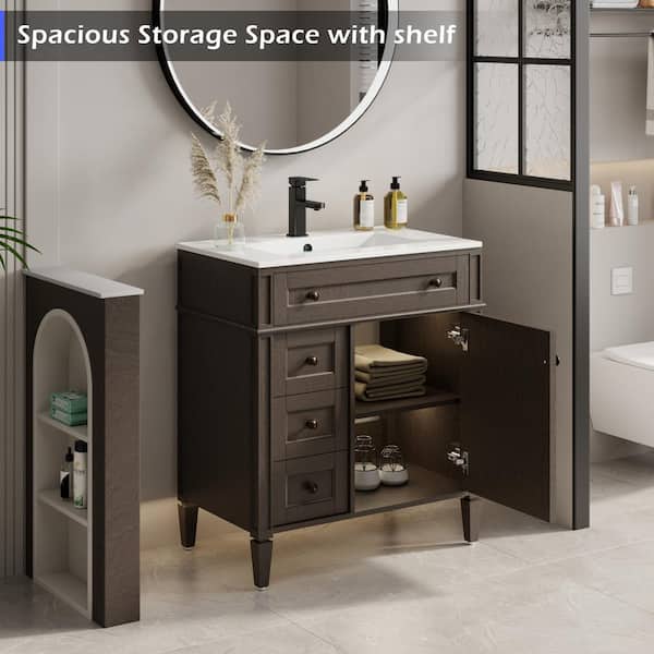 30 in. W x 18 in. D x 34 in. H 1-Sink Freestanding Bath Vanity in Brown With White Ceramic Top and Drain Faucet Set