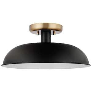 Colony 15 in. 1-Light Matte Black/Burnished Brass MCM Semi-Flush Mount with Black Metal Shade, No Bulbs Included