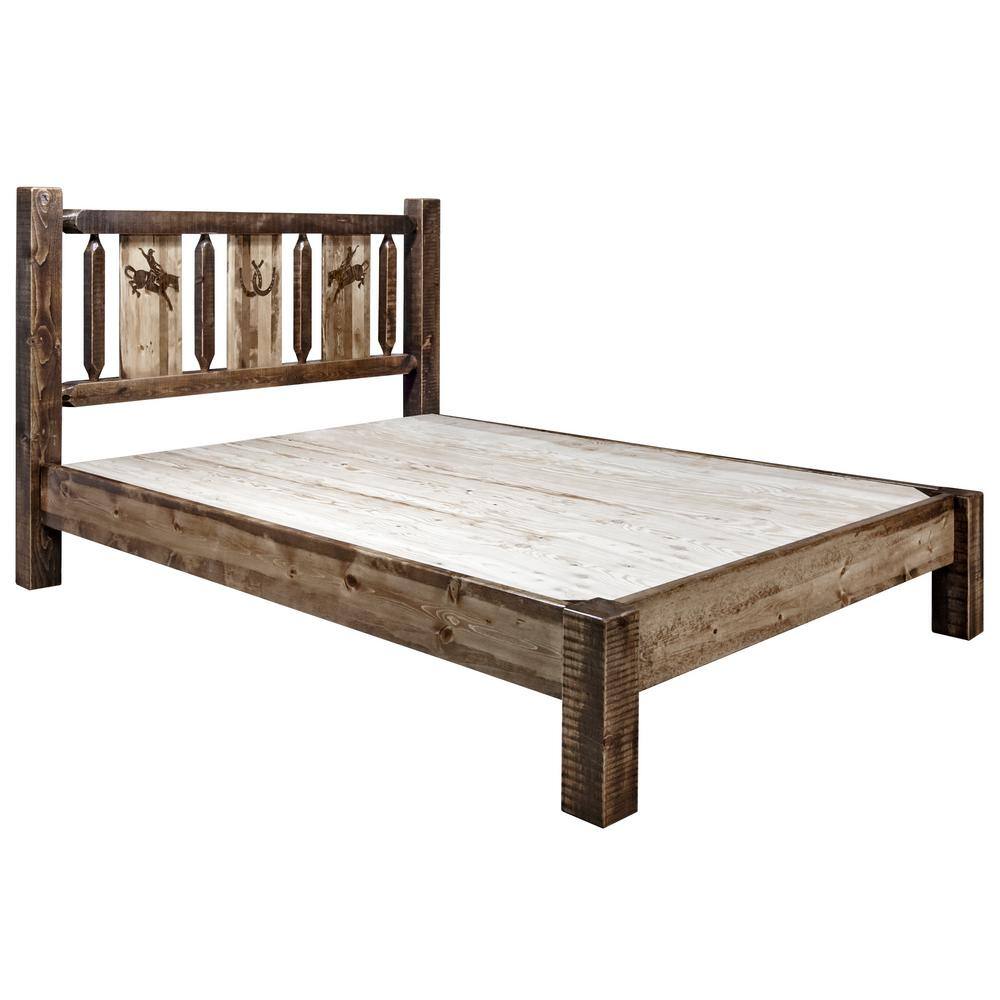 Rustic Full Pine Platform Bed with Laser Engraved Bronc Headboard