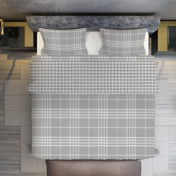 Unbranded Banbury 3-Piece Gray Plaid 100% Cotton King Duvet Cover Set with Pillow Sham