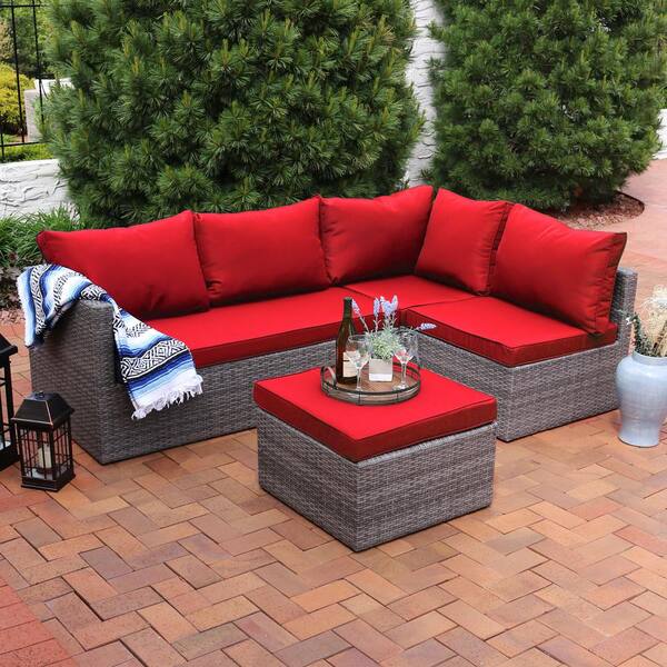 Sunnydaze Decor Port Antonio Gray 4 Piece Wicker Outdoor Sofa Sectional Patio Furniture Set With Red Cushions Mlm 665 R The Home Depot