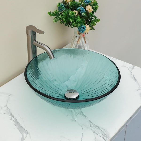 16-1/2 in. Wave Teal Glass Round Vessel Bathroom Sink with Chrome Pop-up Drain