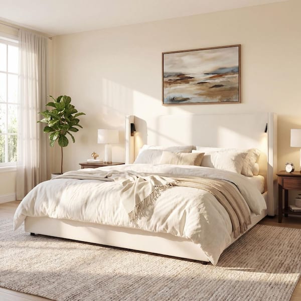 Beige Wood Frame California King Upholstered Platform Bed with High Wingback Headboard, Reading Lamp and USB Port