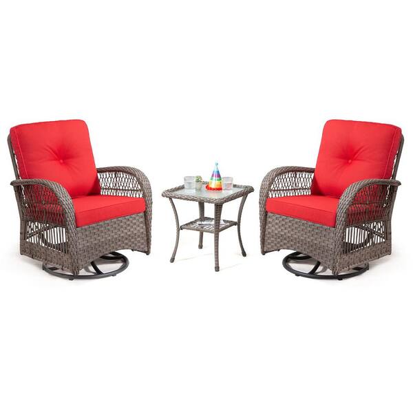Sudzendf 3-Piece Wicker Swivel Patio Outdoor Bistro Set with Red Cushions, Set of 2-Chairs and Matching Side Table
