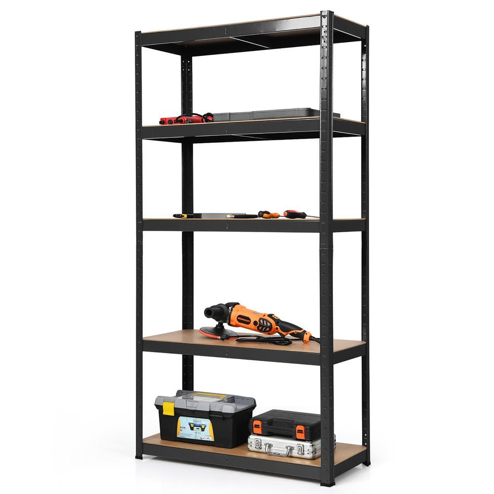 72'' Heavy Duty Black Steel Garage Rack with 5 Adjustable Wood Shelves