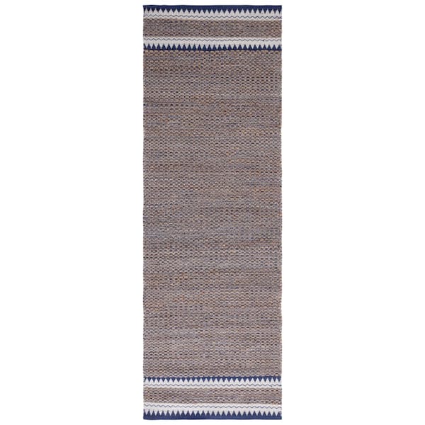 SAFAVIEH Natural Fiber Beige/Navy 3 ft. x 8 ft. Woven Border Runner Rug