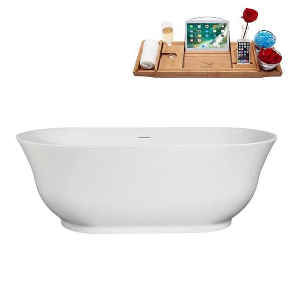 Streamline 67 in. x 32 in. Acrylic Freestanding Soaking Bathtub in Glossy White With Polished Gold Drain, Bamboo Tray