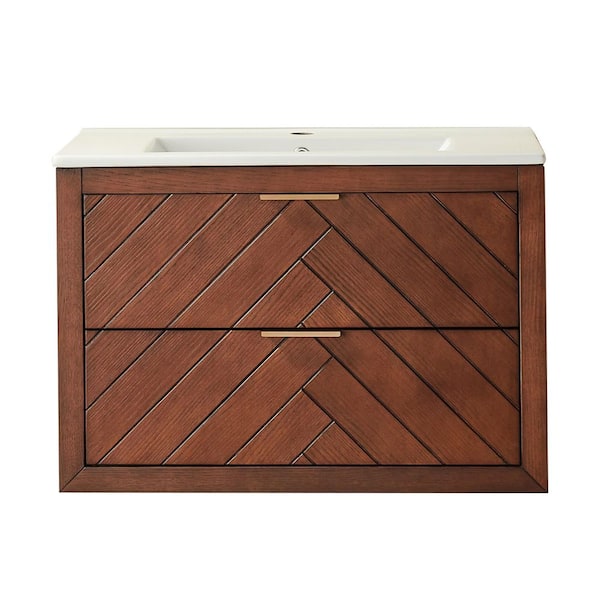 30 in. Single Sink Wall Mounted Brown Walnut Bath Vanity with White Ceramic Top Full Assembled, Soft-Close