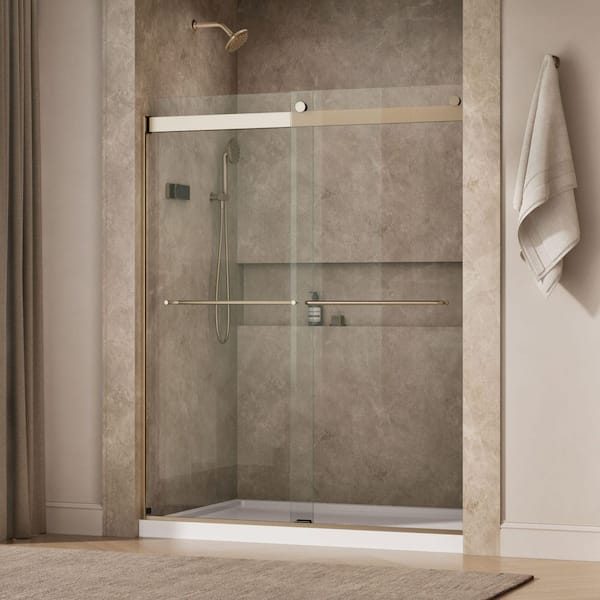 Levity 56-60 in. W x 74 in. H Frameless Sliding Shower Door in Bronze finish with 1/4 in. Thick Clear Tempered Glass