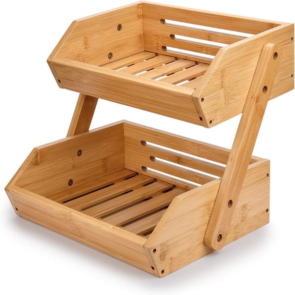 2-Tier Bamboo Fruit Basket Stand for Kitchen Counter Large Produce Storage Organizer for Bread Fruits