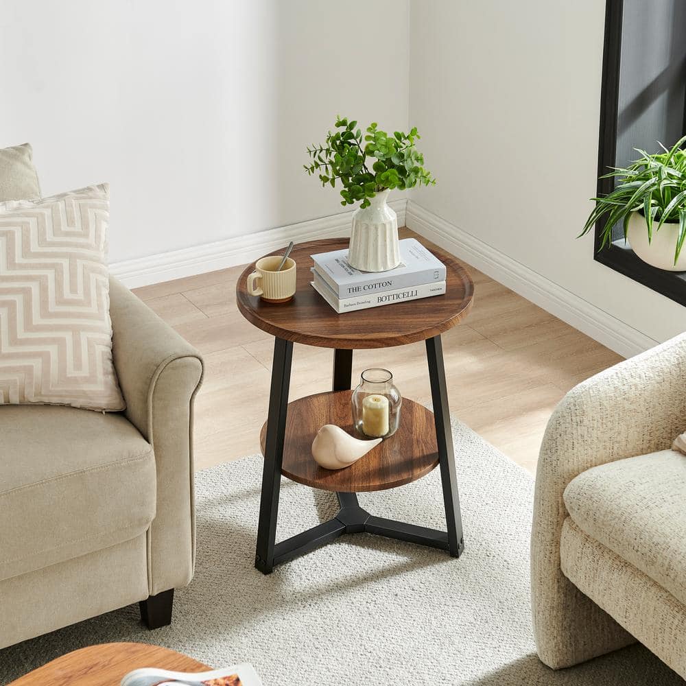 Walnut and Black Round Two-Tier Accent Table with Metal Legs