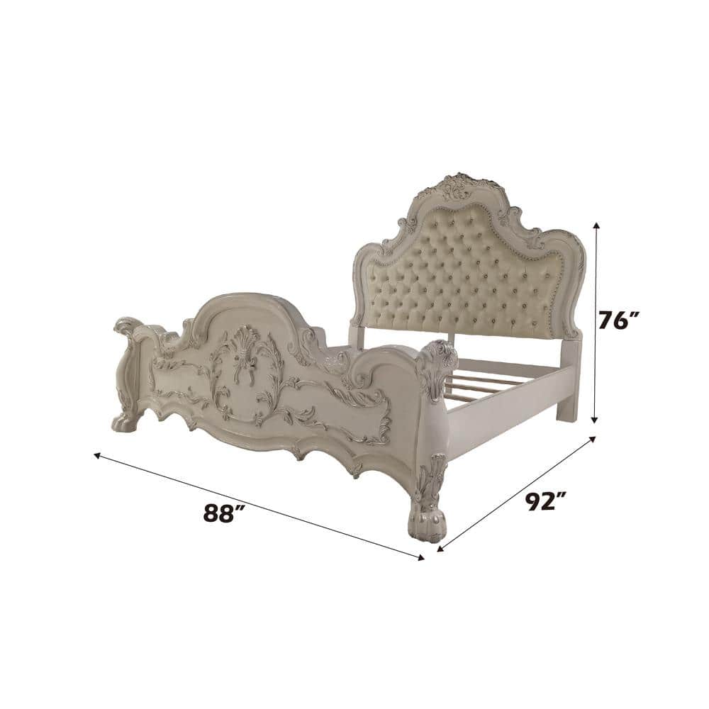 Dresden King Bed with Antique White Finish and Carvings