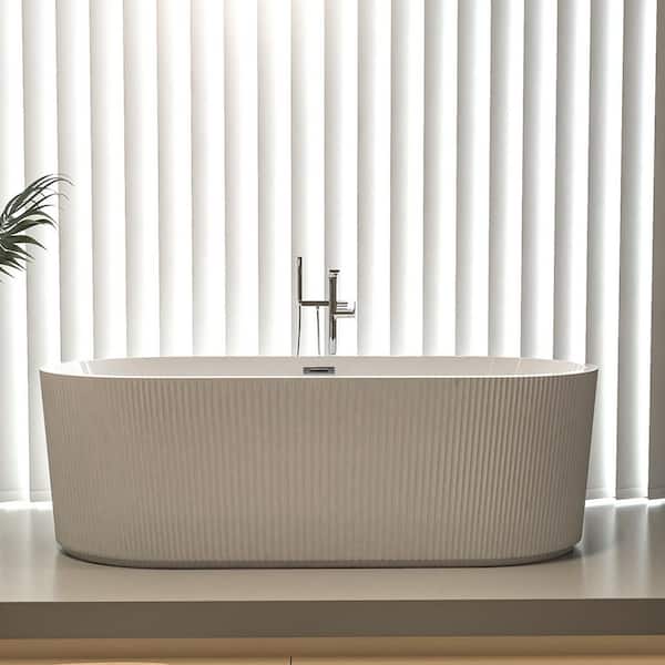 59 in. x 30 in. Acrylic Freestanding Soaking Bathtub in Glossy White with Chrome Center Drain