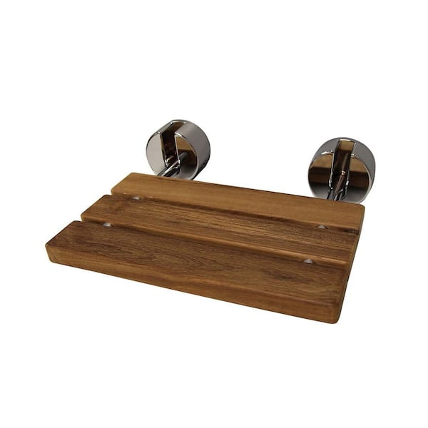 16 in. Teak Wall-Mounted Shower Seat with Round Brackets in Polished Chrome