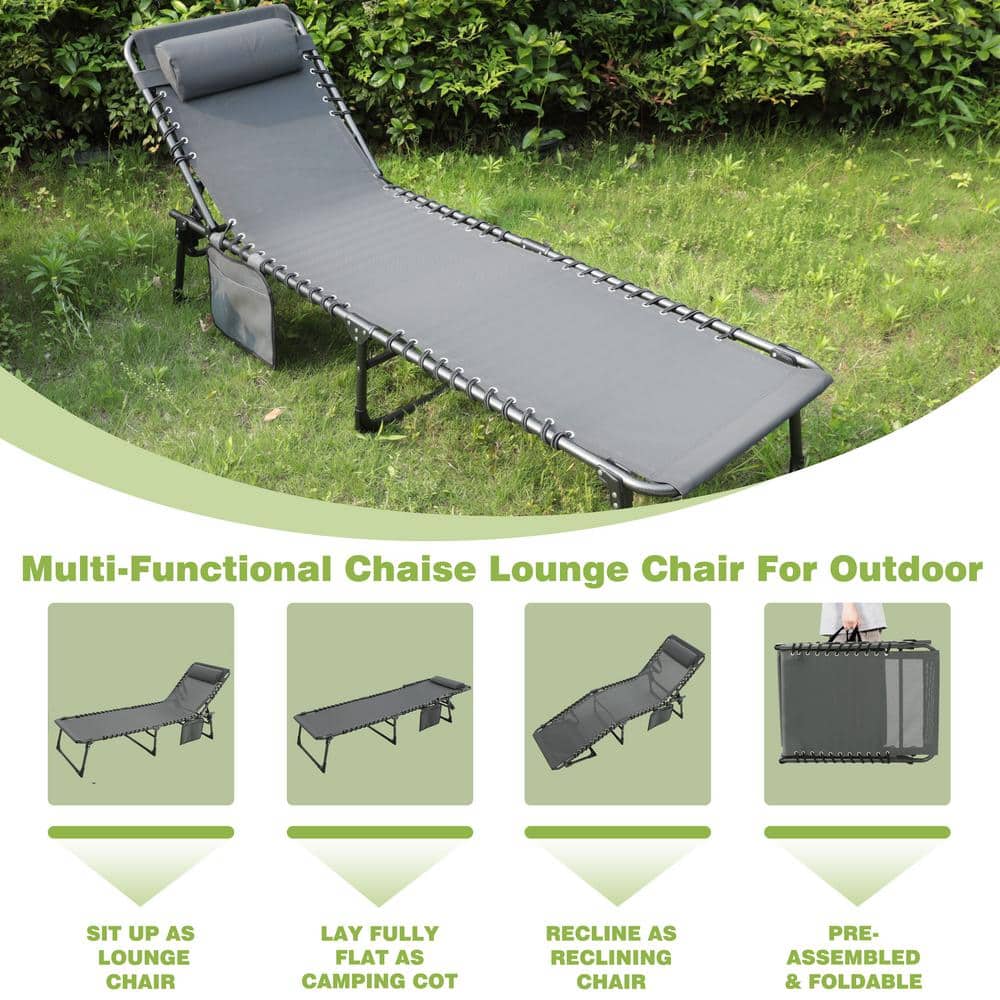 VEIKOUS Outdoor Folding Chaise Lounge Chair Fully Flat for Beach with Pillow and Side Pocket, Dark Gray PG0208-01DGY-3