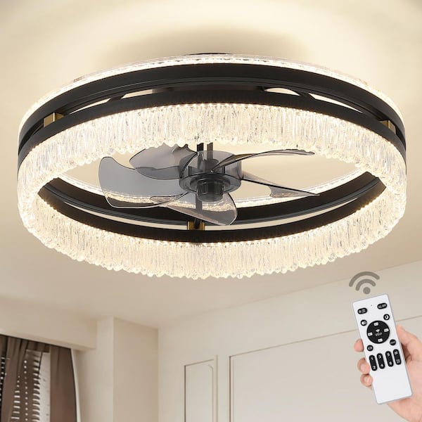 19.7 in. Black LED Low Profile Flush Mount Propeller Ceiling Fan with Remote Control Dimmable Lighting