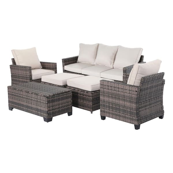 6-Piece Outdoor Patio Wicker Furniture Set with Storage Coffee Table and Beige Cushions