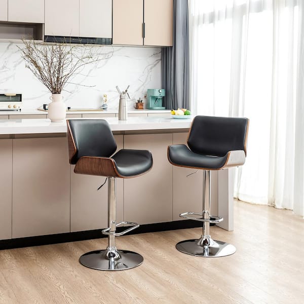 Glitzhome 45.75 in. H Mid-Century Modern Black PU and Walnut Bentwood Adjustable Height Medium-High Back Swivel Bar stool