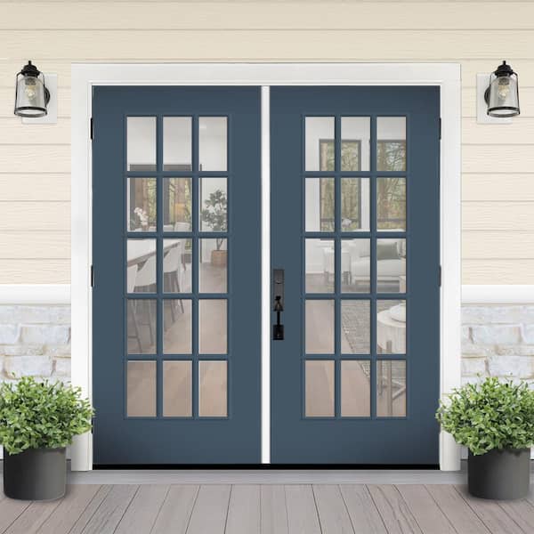 Reliant 64 in. x 80 in. FullLite 15L-SDL Clear Glass LHOS Dk.Denim Finish Fiberglass Double Prehung Front Door w/4" Jamb
