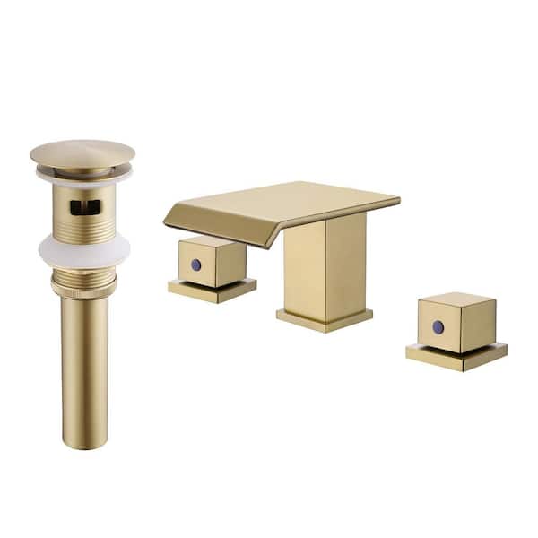 AIMADI 8 in. Widespread Double Handle Waterfall Bathroom Faucet with Drain Assembly 3 Hole Bathroom Sink Taps in Brushed Gold