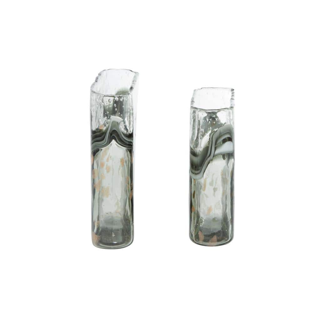 Elegant Gray Glass Vase Duo with Speckled Wave Design